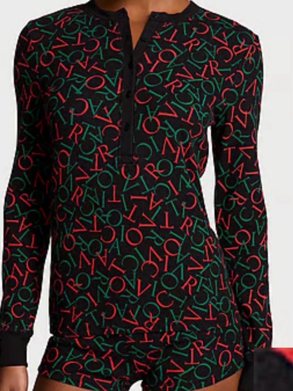 Black Long-Sleeve Top with Red & Green Logo Print pink short pj